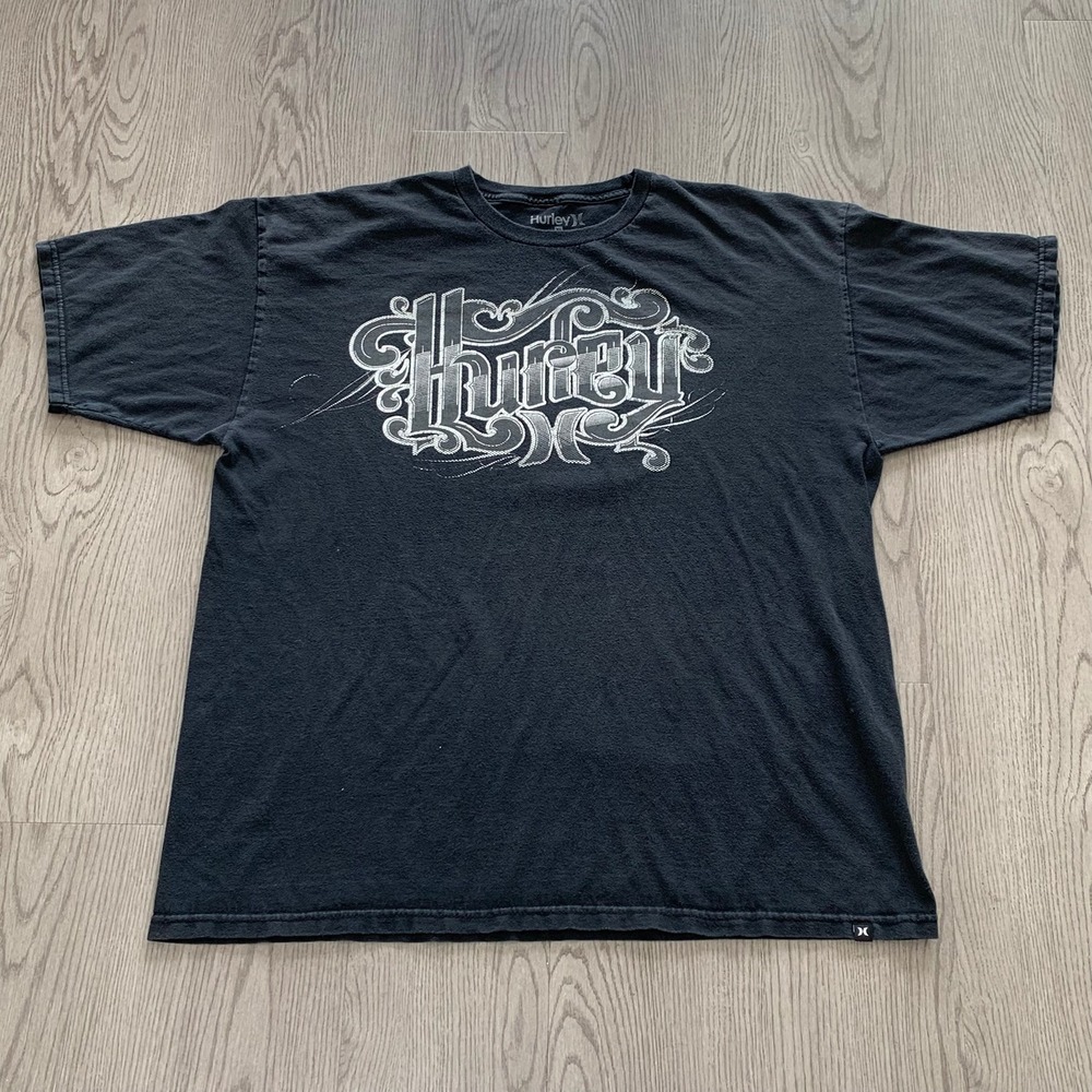Hurley Black Grunge Gothic Tee‎ XL Y2K Skater Surf